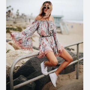 Z & L Europe Floral Boho Off The Shoulder Lace Bell Sleeve Mini Dress S/M